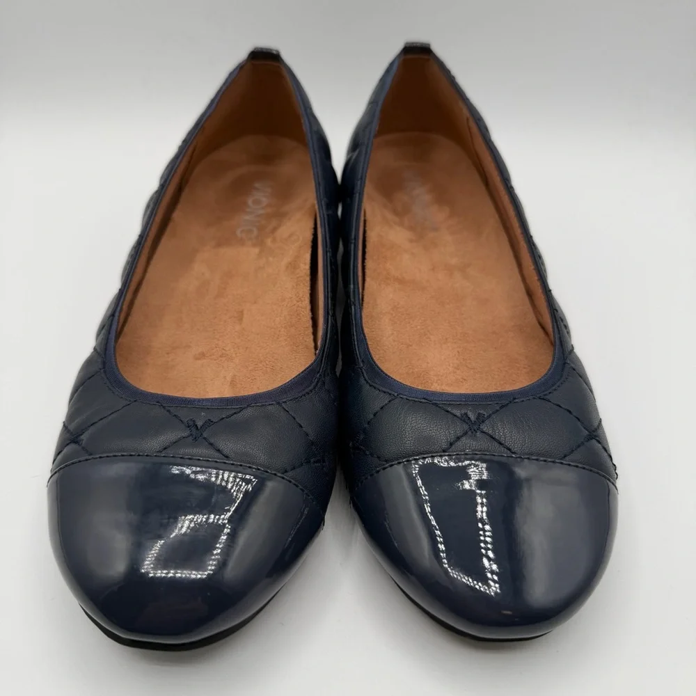 Vionic Desiree Quilted Ballet Flats Navy Patent Cap Toe Comfort Shoes US 7